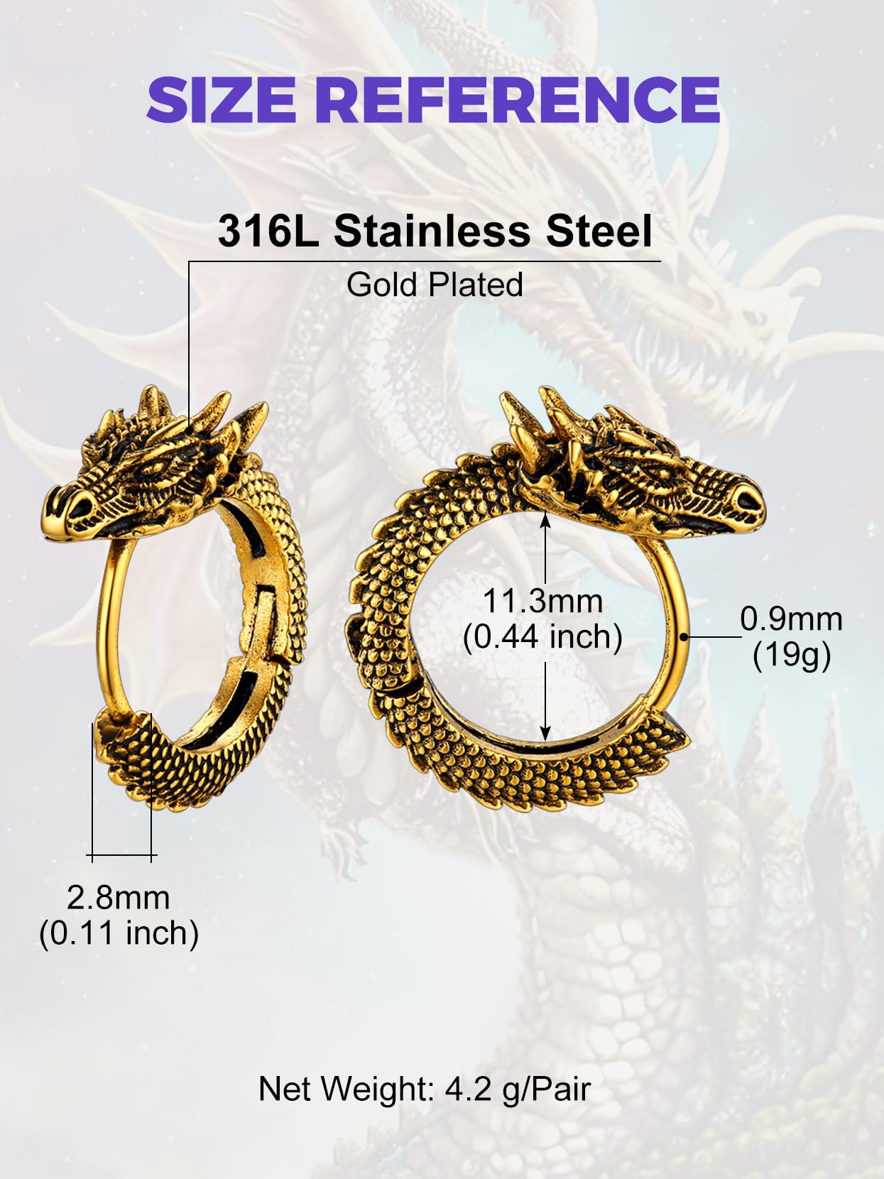 Richsteel Punk Dragon Hoop Earrings for Men & Women - Stainless Steel Gothic Jewelry, Huggie Statement Hoop Earrings