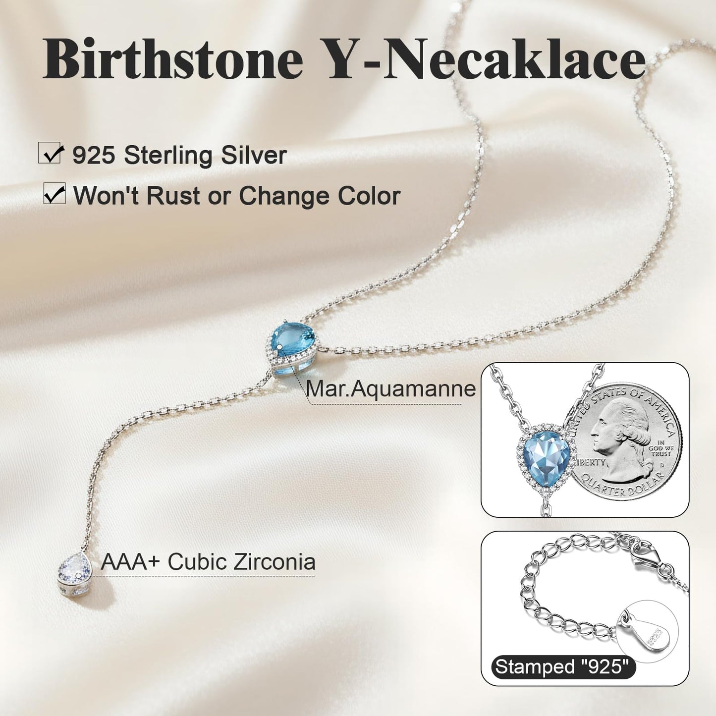 FOCALOOK Synthetic Aquamarine Pear Pendant March Birthstone Necklace for Women Mom Daughter 925 Sterling Silver Birth Gemstone Jewelry