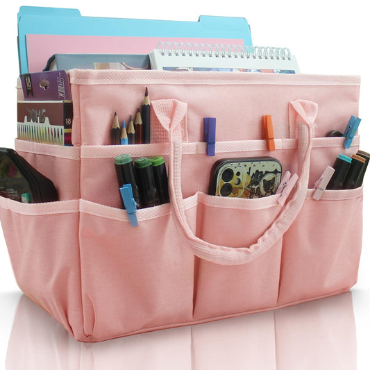 Cupohus Art Organizer Craft Storage Tote Bag with Pockets and Handles, Oxford Fabric Carrying Caddy for Teacher, Officer, Artist, Traveler, and more –Pink