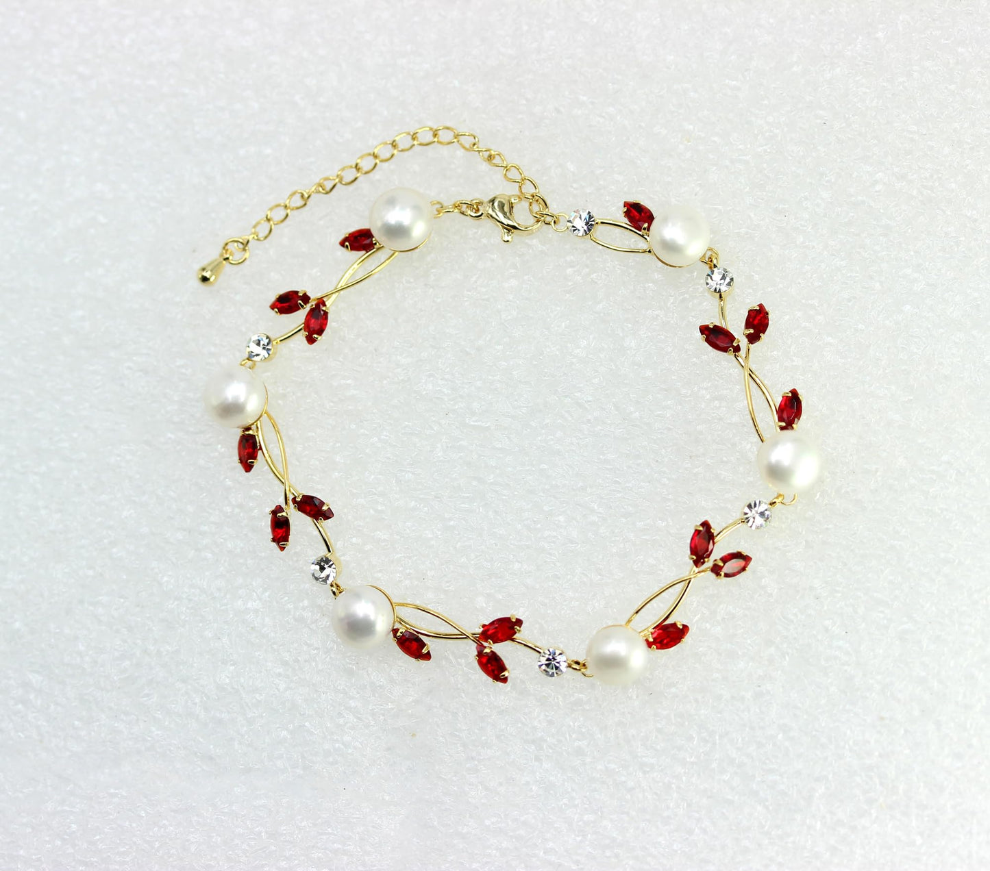 Faship Red CZ Crystal Genuine Freshwater Pearls Floral Bracelet 7.5" - 9.5" - Red/Gold Plated/Matching Bracelet