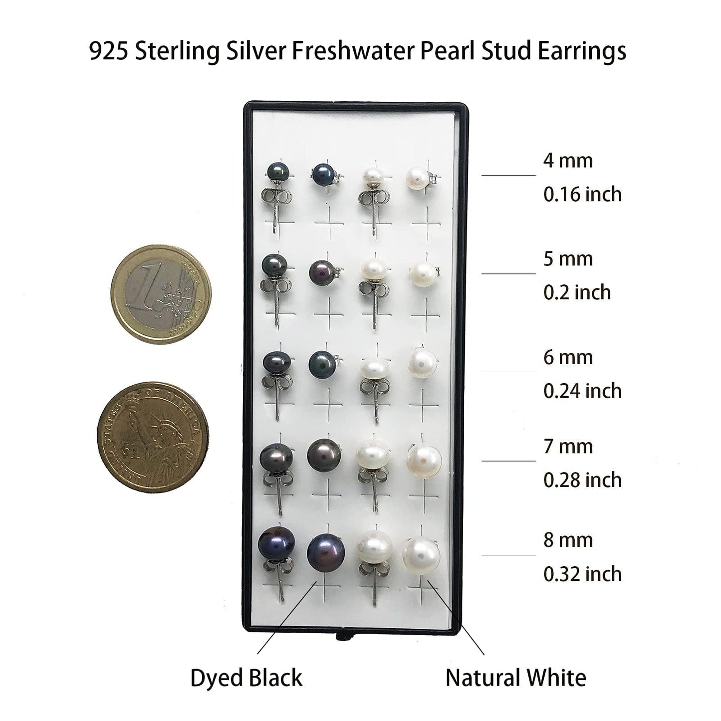 Alevel 4-8mm Freshwater Cultured White Pearl, 925 Sterling Silver Stud Earrings 5 Sets, Women Gifts