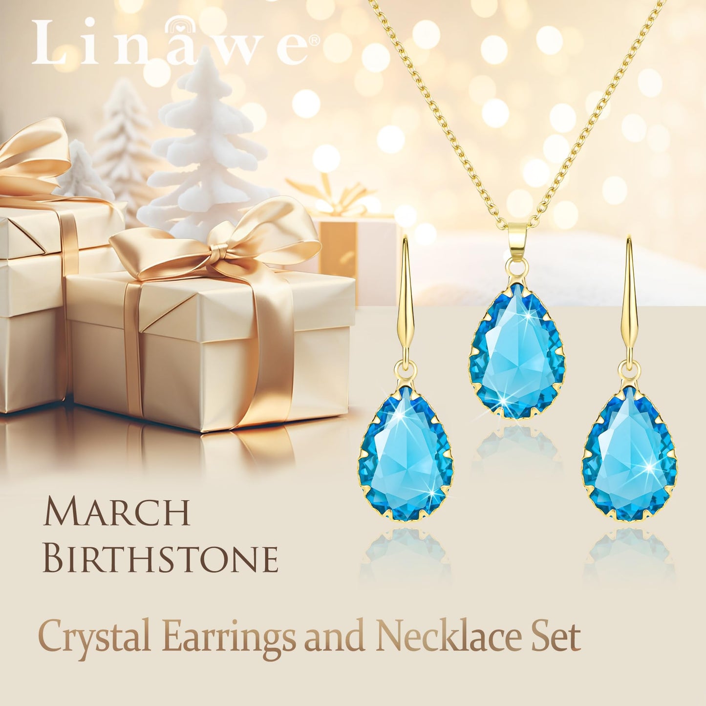 Linawe Aquamarine Blue Jewelry Sets for Women, Gold Plated Necklace and Earring Set, Birthstone Imitation Diamond Crystal Pendant Necklace Set, Tear Drop Earrings Jewelry Set