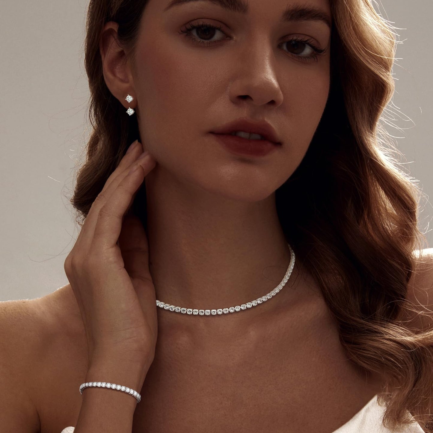 LULII Tennis Necklace Set for Women Dainty Sterling Silver Necklace and Earring Sets Diamond Stud Earrings Crystal Bracelets for Women Silver Jewelry Sets for Bride Wedding Gift