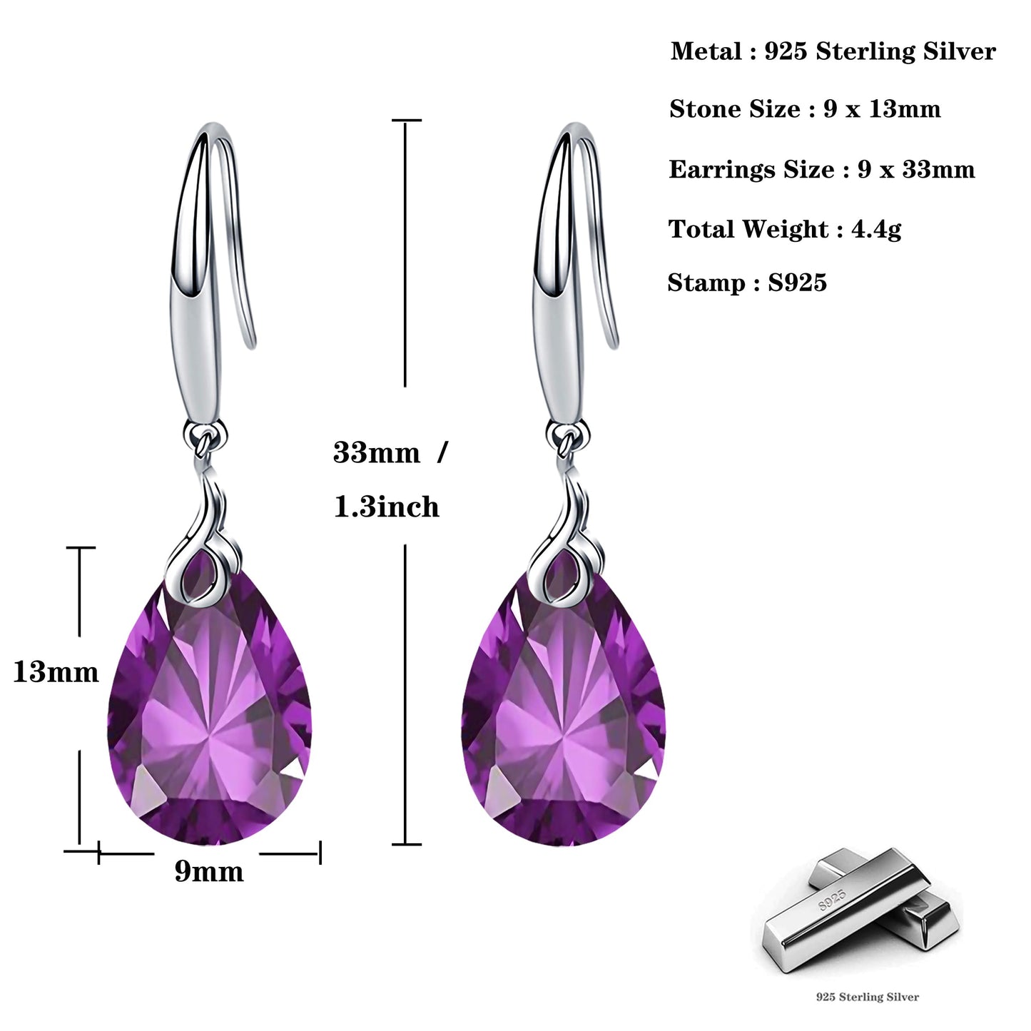 Maylover 14k White Gold Plated 925 Sterling Silver 12mm Pear Shape Naked Drill Crystal Dangle Earrings For Women (Earrings Purple color)