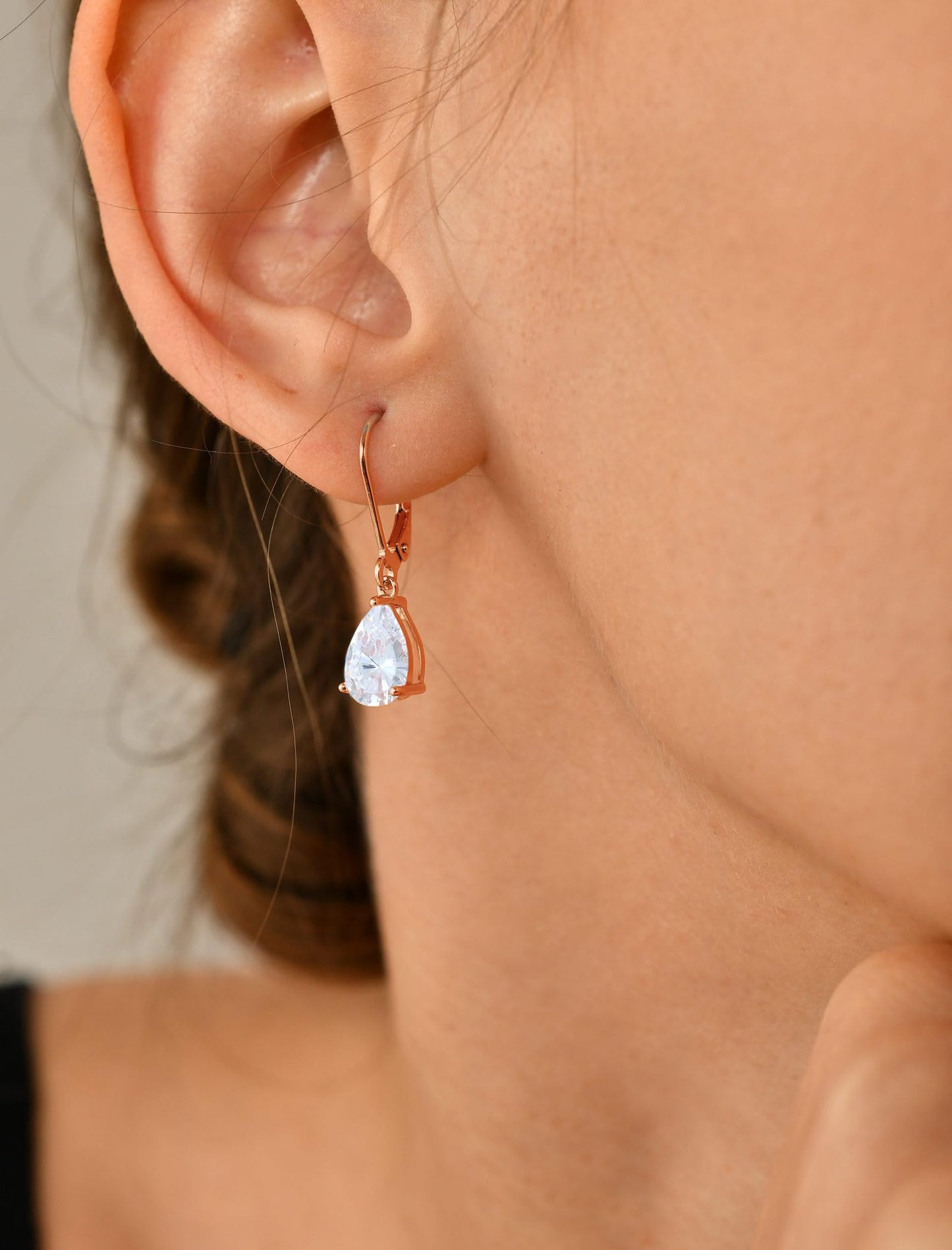 YL 925 Sterling Silver Teardrop Dangle Drop Earrings for Women 7x10 MM Solitaire Cubic Zirconia Leverback Jewelry with 18K Rose Gold Plated