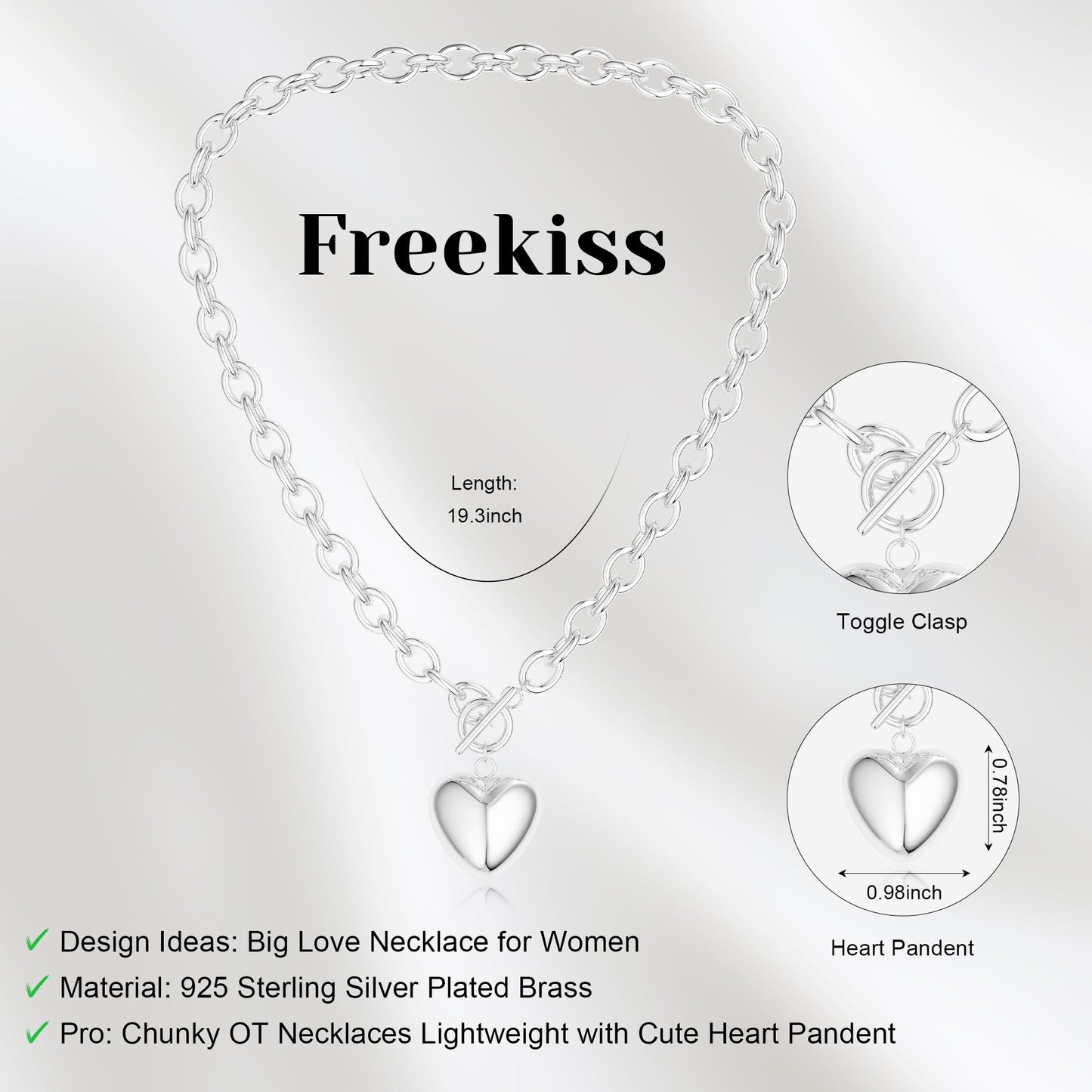 Freekiss Toggle Necklaces for Women with Heart: Chunky 925 Sterling Silver Choker Lover Pendant Necklace for Women Trendy Dainty Hypoallergenic Paperclip Necklace Womens Jewelry Gifts
