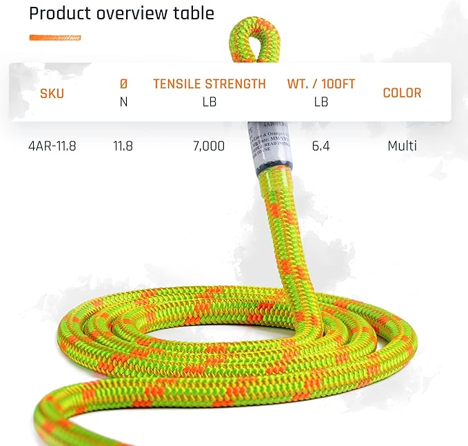 Pelican Rope Arborist Rope 11.8mm x 150Ft, USA Made High-Strength 24-Strands Static Climbing Rope - 5,400 lb Strength for Tree Climbing, Pulling, Outdoors & Swing - Yellow, Tight Spliced Eye
