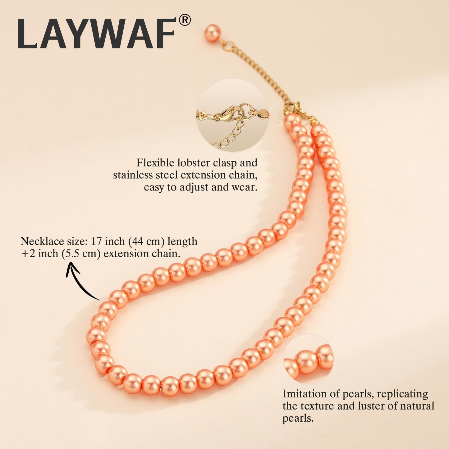 LAYWAF Imitation Pearl Choker Necklace for Women Mom Wedding Bride, Fake Pearl Orange Necklace, 8MM Beaded Necklace, Simple Faux Pearl Accessories Costume Jewelry