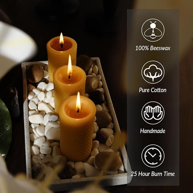 Pure Natural Beeswax Pillar Candles - Pack of 3 - Honeycomb Surface, No Scent- for Emergency/Prayer/Relax (2inch Diameter, 4 inch Tall - Yellow)