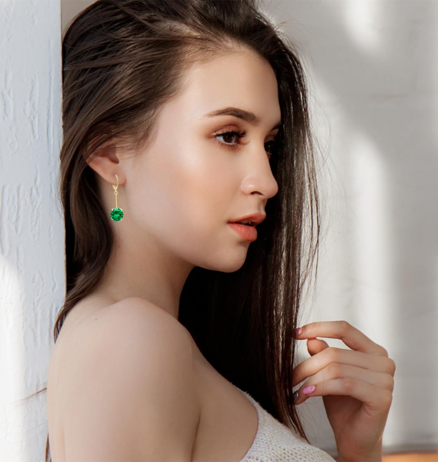 VONSSY Gemstone Drop Dangle Earrings | Platinum /Gold Plated Leverback Crystal Cubic Zirconia Hanging Red /Pink/Blue Earrings (Green-Platinum)