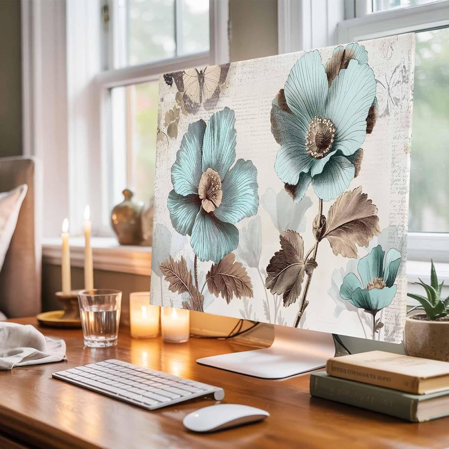 Singingin 65 Inch, Victorian Style Broccoli Butterfly TV Dust Cover Blue Flowers Plant Computer Monitor Cover Dustproof