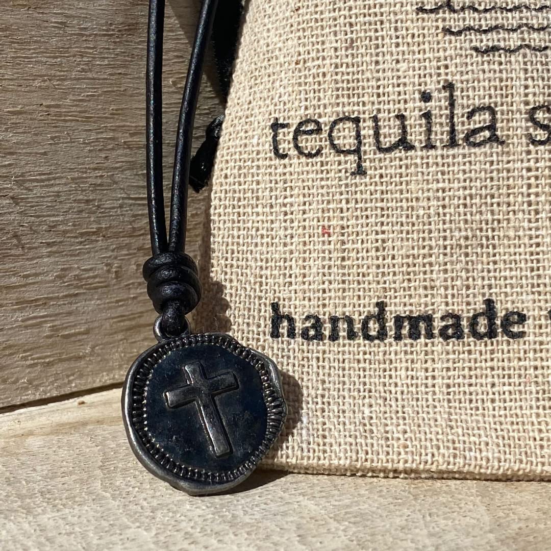 Cross Leather Necklace Mens - Men Cross Coin, Religious Pendant, Medallion Necklaces, Christmas Gift, Catholic Pendant, Christian Charms, Women Gifts to Husband Cute Crosses Best Friend (Gunmetal)