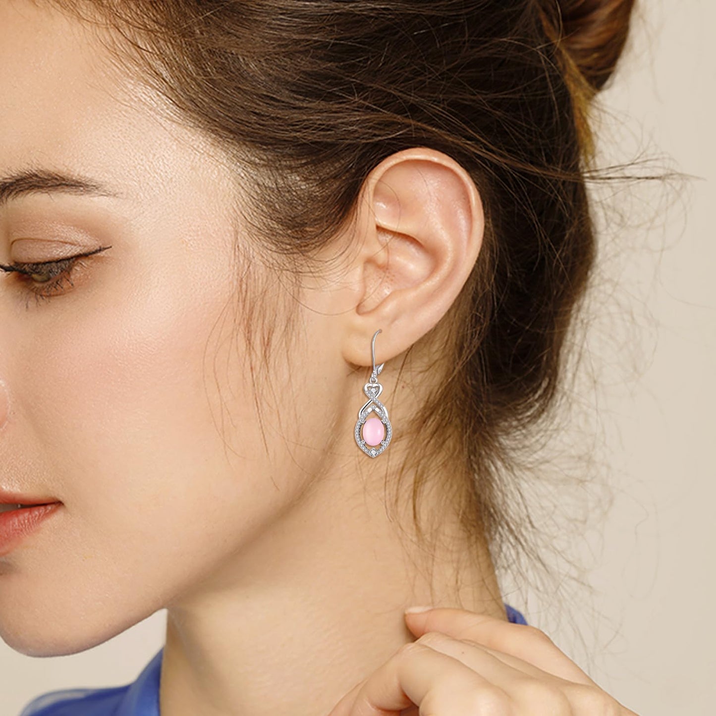 Pink Drop Earrings Sterling Silver Infinity Leverback Boho Earrings Pink Stone Dangle Earrings Jewelry Christmas Gifts For Women