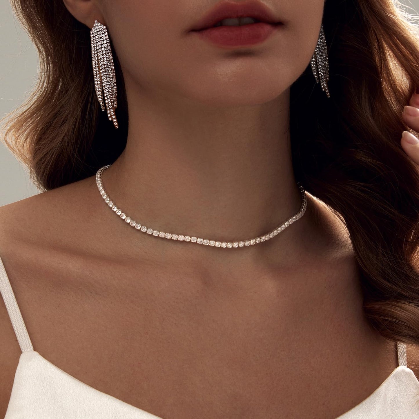 Zeffy Tennis Necklace Jewelry Sets for Women, Rhinestone Earrings Dangling for Women, rhinestone choker necklaces with White AAA Cubic Zirconia, Bridal Jewelry Set for Wedding