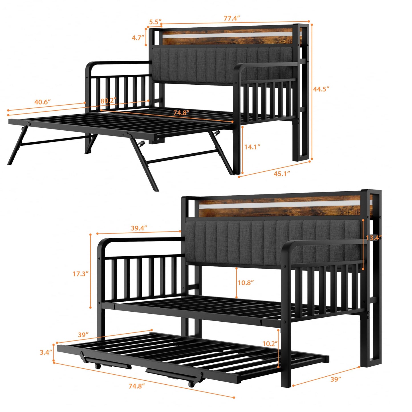 Daybed with Trundle and LED Light, Heavy Duty Metal Twin Bed Frame with Upholstered Storage Headboard & Charging Station, Day Bed Pop Up Trundle Bed Twin for Living Room,Bedroom and Guest Room, Brown