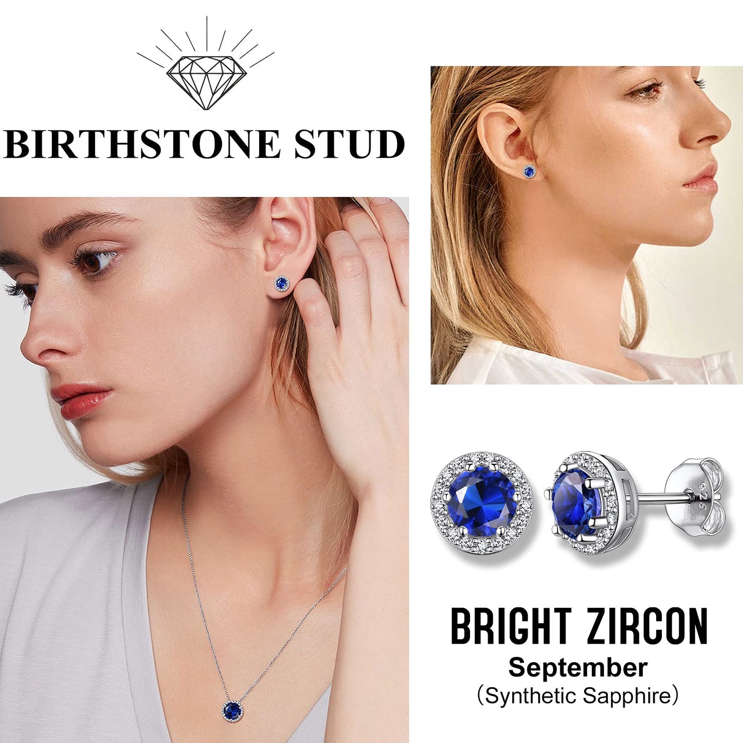 Bestyle Adorable September Sapphire Birthstone Stud Earrings 925 Sterling Silver CZ Round Gemstone Studs Earrings Great Birthday Gift for Wife/Mom/Grandma