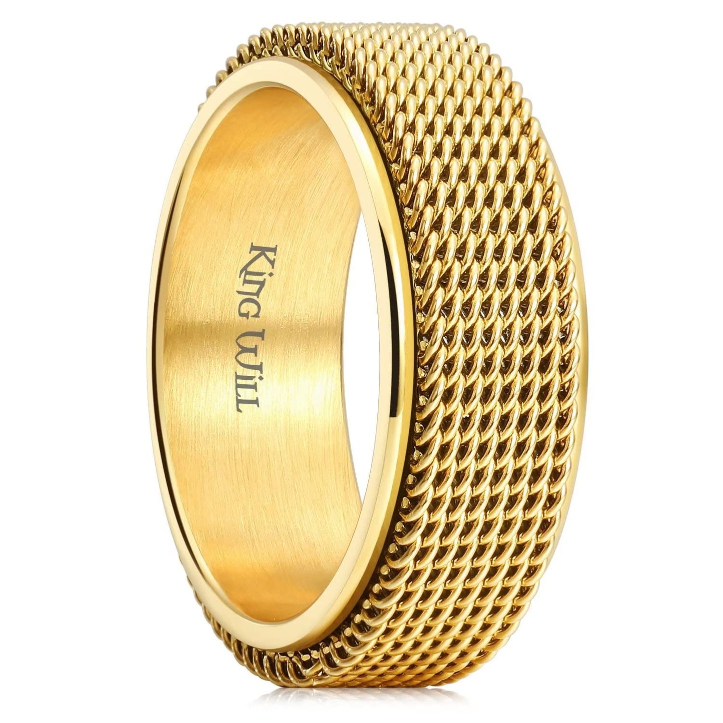 King Will Gold 8mm Stainless Steel Chain Mesh Simple Plain Spinner Anxiety Ring for Women Men Wedding Band Ring Fidget Ring Mesh Chain Woven Mesh 12