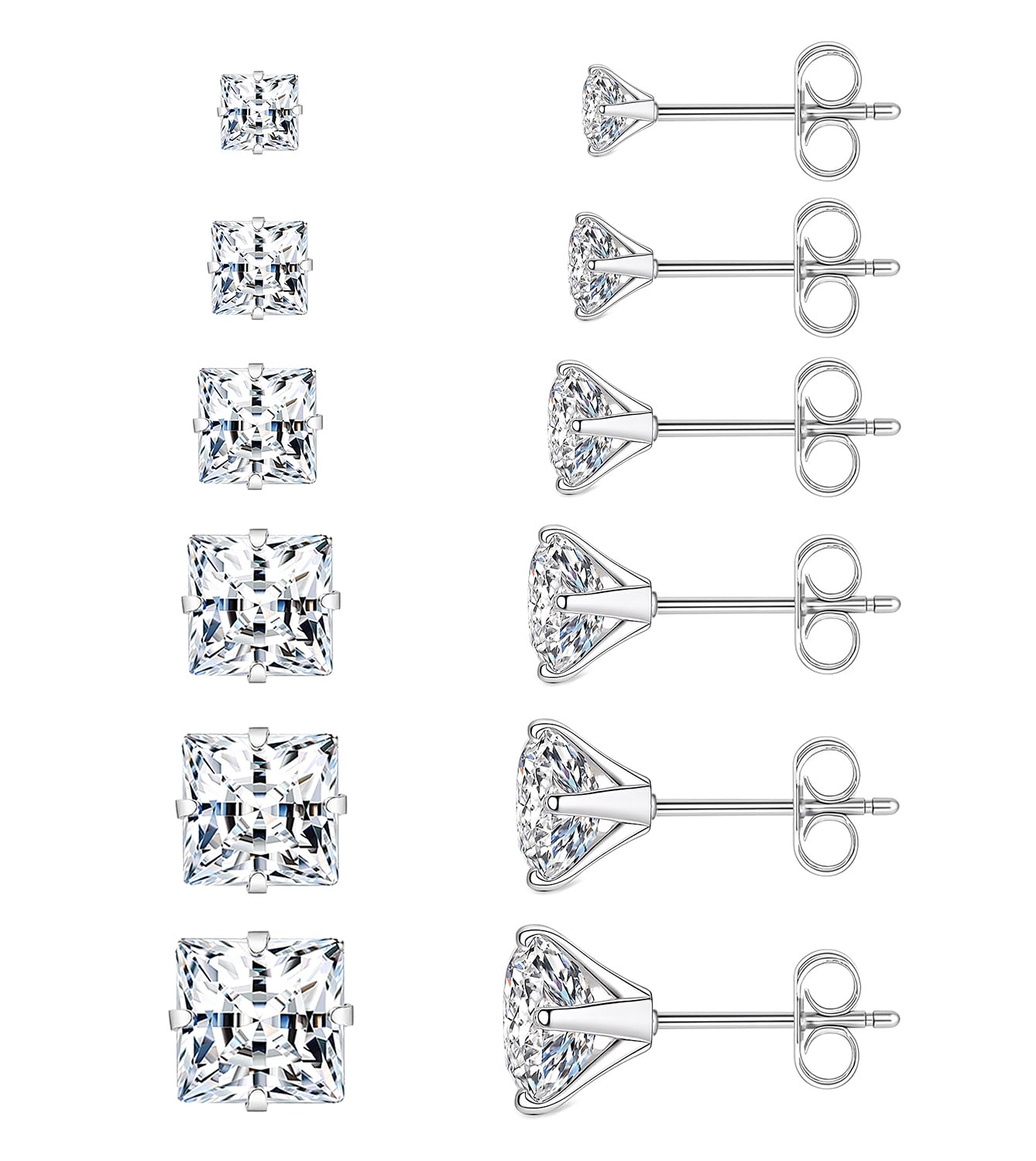 6 Pairs Square Earrings, Princess Cut Earrings Set for Men Women, Hypoallergenic Surgical Steel Silver Clear Cubic Zirconia Stud Earrings for Multiple Piercing Sensitive Ears CZ Size 3-8mm