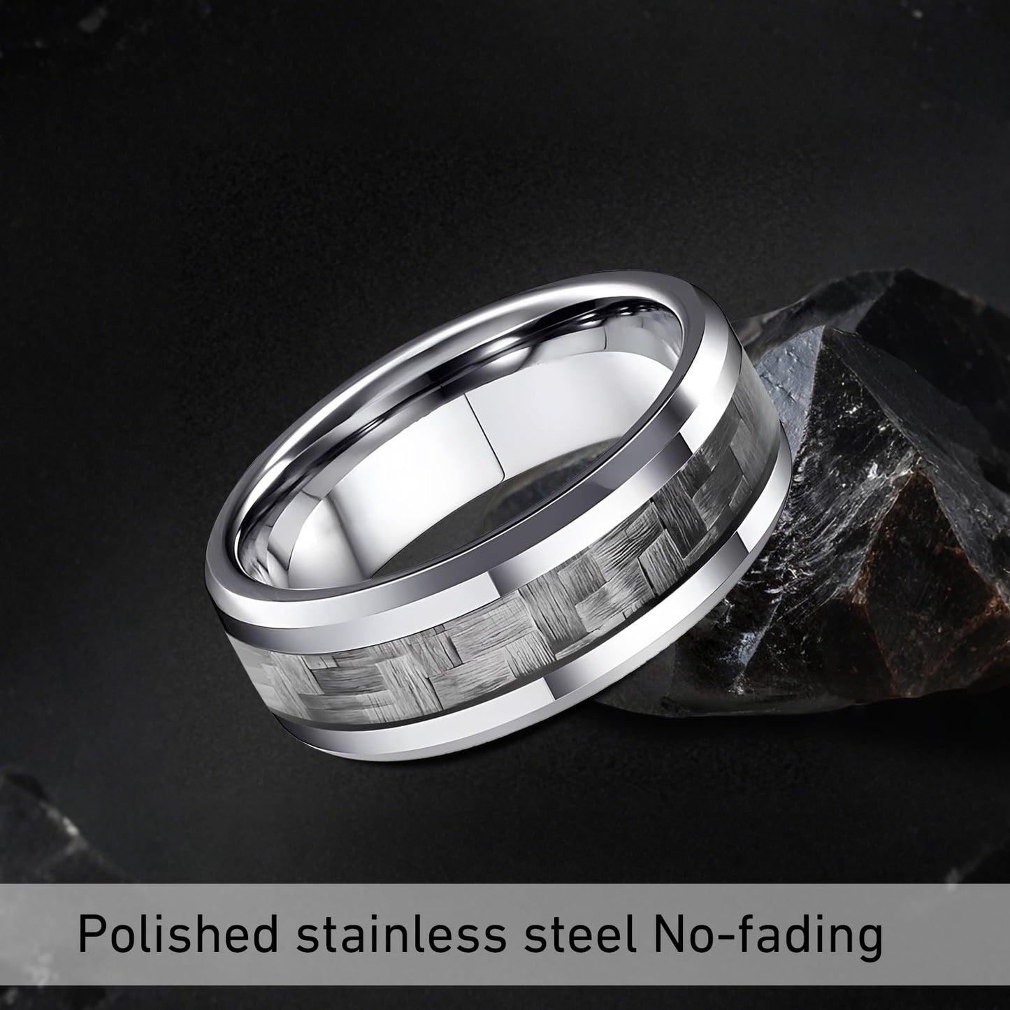 HJIMMNHONG New Carbon Fiber Fashion Rings Double Beveled Edge Delicate Polished Simple Stainless Steel Mens and Women Rings,8mm,Grey,Size11