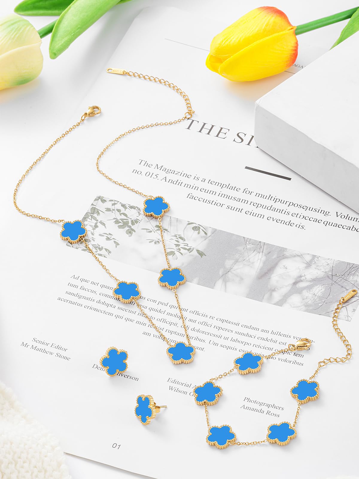 Qinpan Five Leaf Clover Necklace Bracelet and Stud Earrings Set for Women Lucky Flower Jewelry (Blue-14K Gold Plated)