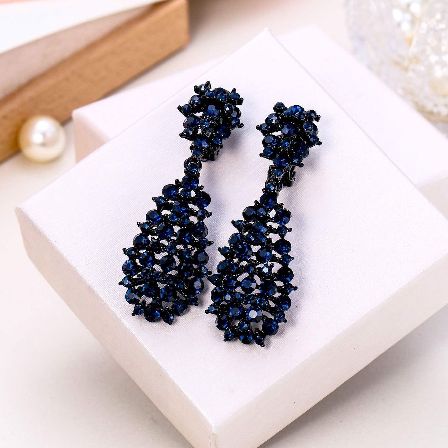 EVER FAITH Women's Jewelry Crystal Hollow-out Teardrop Vintage Inspired Dangle Clip-on Earrings Navy Blue Black-Tone