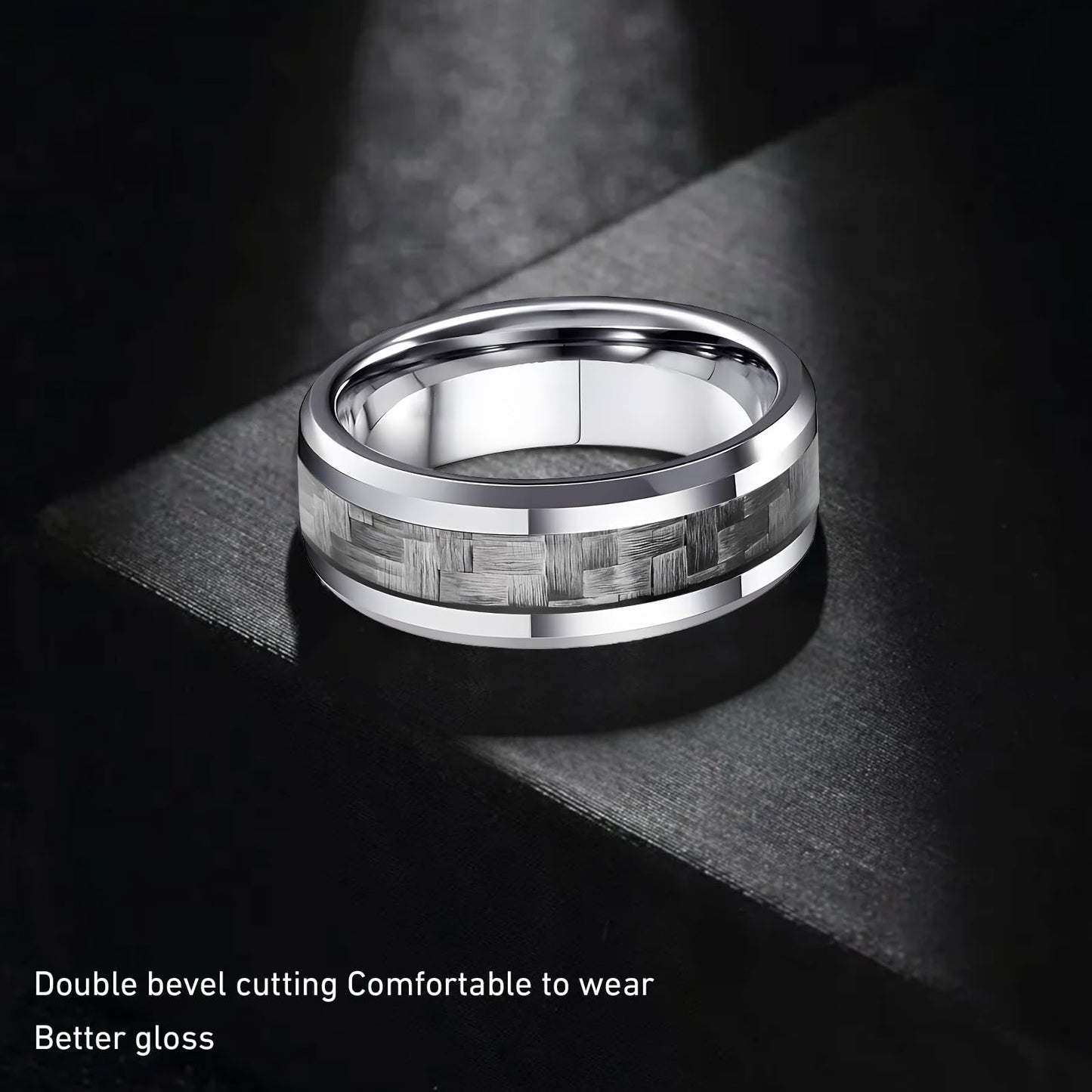 HJIMMNHONG New Carbon Fiber Fashion Rings Double Beveled Edge Delicate Polished Simple Stainless Steel Mens and Women Rings,8mm,Grey,Size10