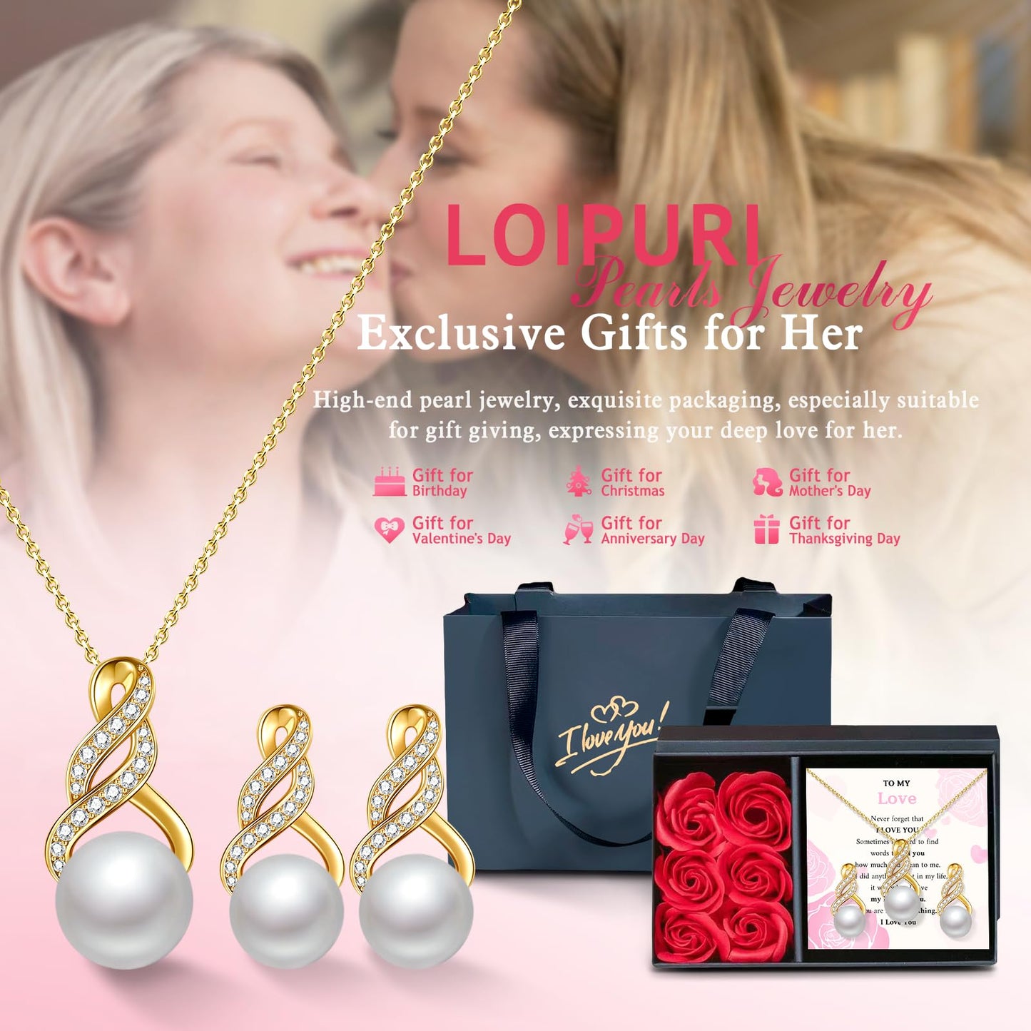 LOIPURI Pearl Necklace and Earring Set for Women - 925 Sterling Silver Pearl Jewelry Set Rhodium/Gold Plated Anniversary Birthday Gifts for Her Packaged in Preserved Rose Box