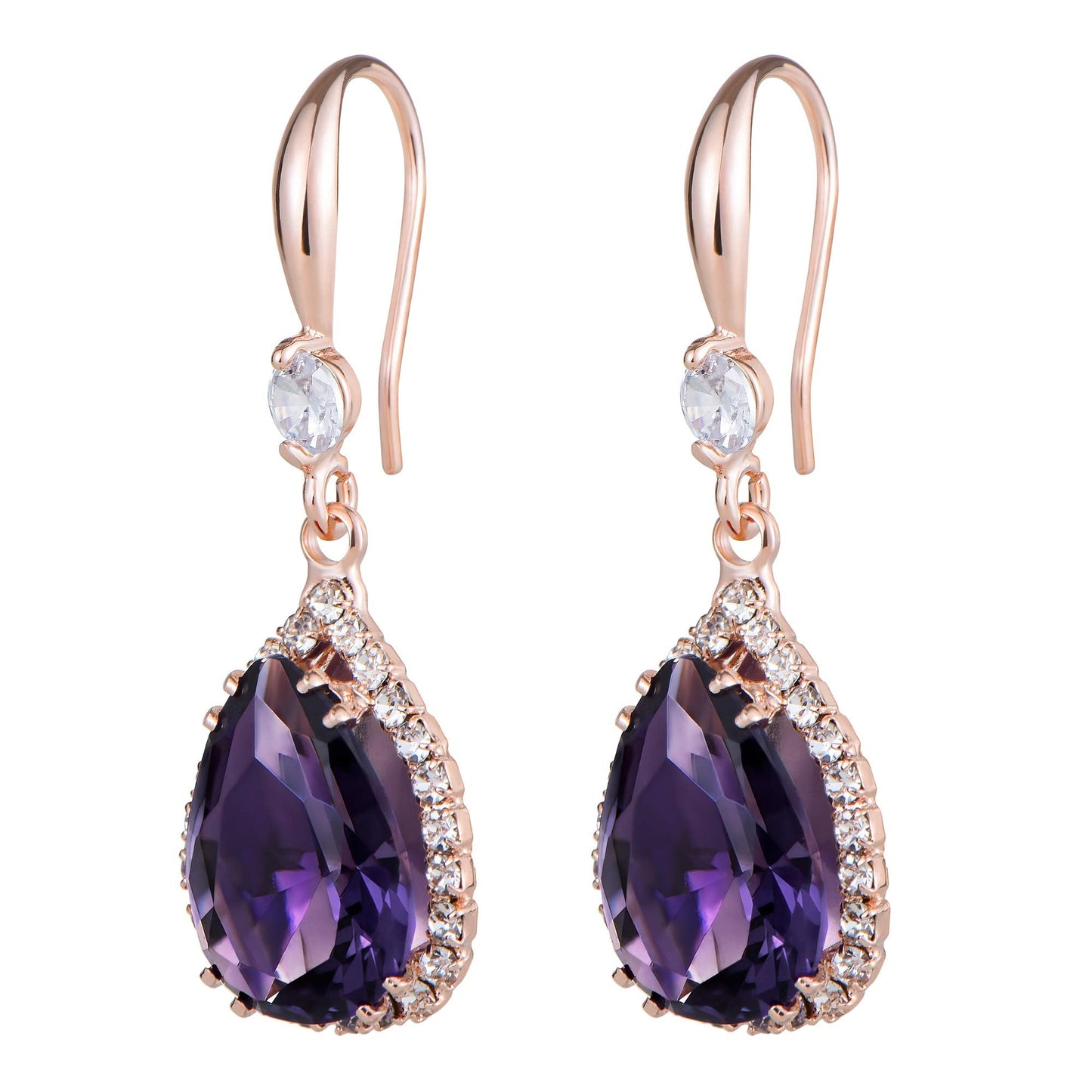 Linawe Purple Dangle Earrings Rose Imitation Gold Plated, Imitation Diamond Drop Chandelier Earrings for Women Trendy, Rhinestone Lab Created Amethyst Crystal Teardrop Dangly Earrings