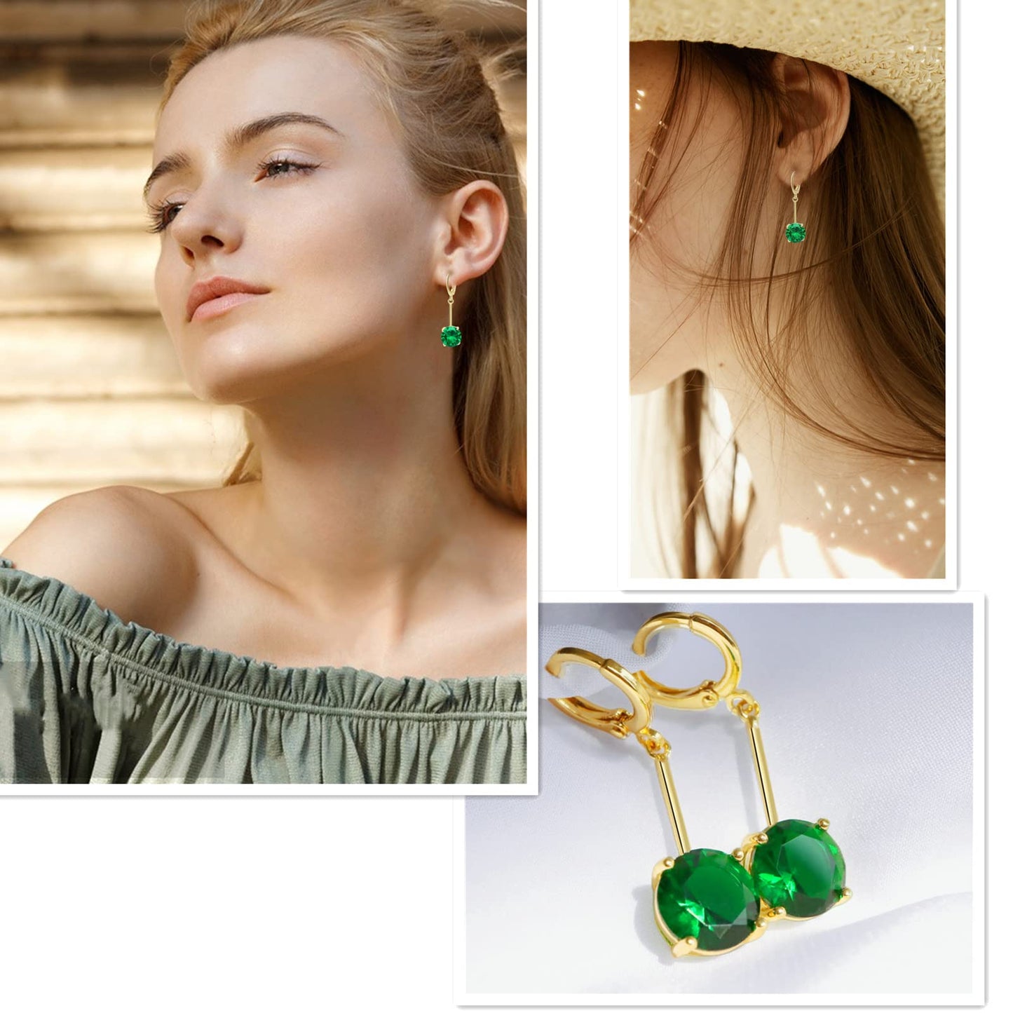 VONSSY Gemstone Drop Dangle Earrings | Platinum/Gold Plated Leverback Crystal Cubic Zirconia Hanging Red/Pink/Blue Earrings (Green-Gold)
