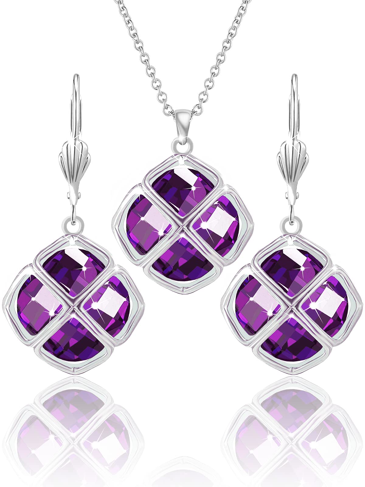 Qinpan 14MM Crystal Pendant Dangle Necklace Earrings Sets for Women Glod Plated Costume Jewelry, 38*17.8mm, Platinum, Amethyst