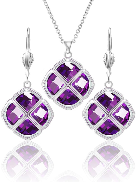 Qinpan 14MM Crystal Pendant Dangle Necklace Earrings Sets for Women Glod Plated Costume Jewelry, 38*17.8mm, Platinum, Amethyst
