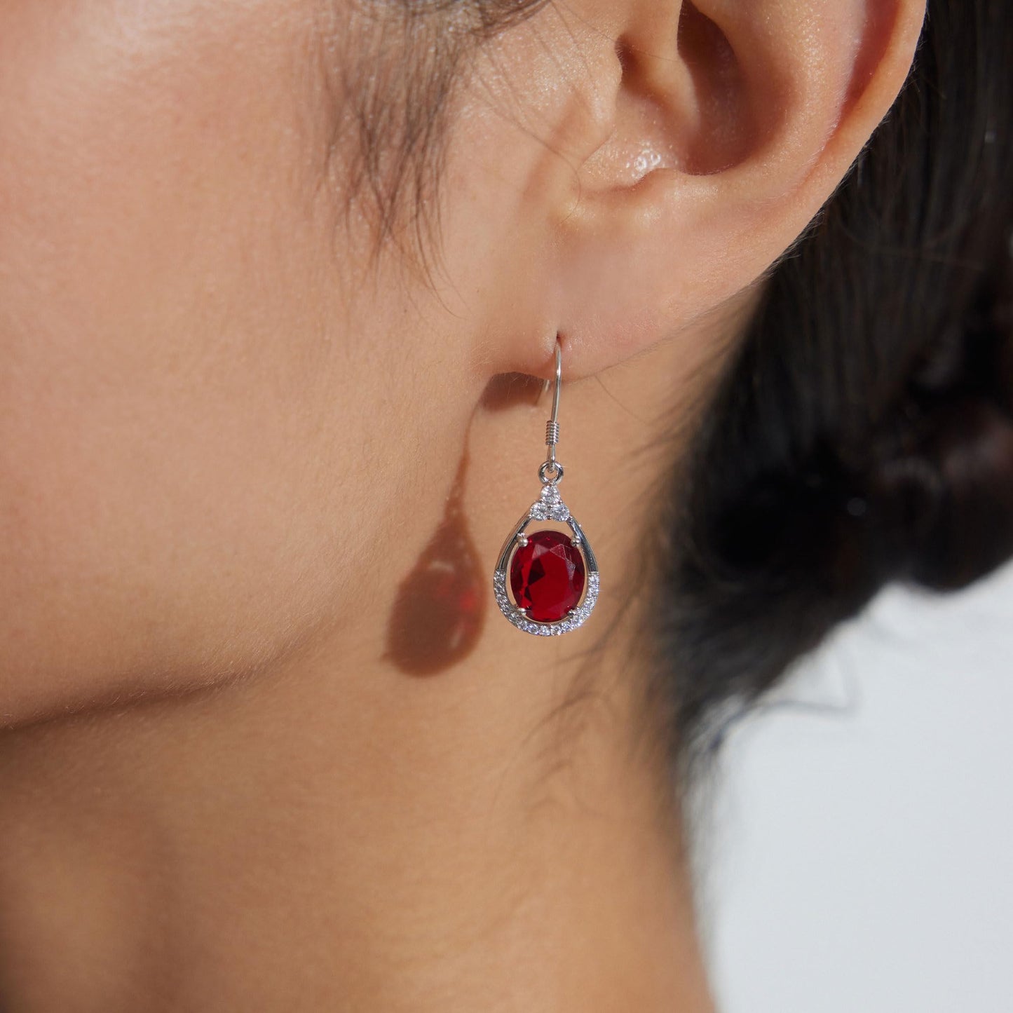 18K White Gold Plated Sterling Silver Oval Cut Cubic Zirconia Drop Dangle Earrings for Women Hypoallergenic Statement Earrings Gifts for Women Mom (Red)