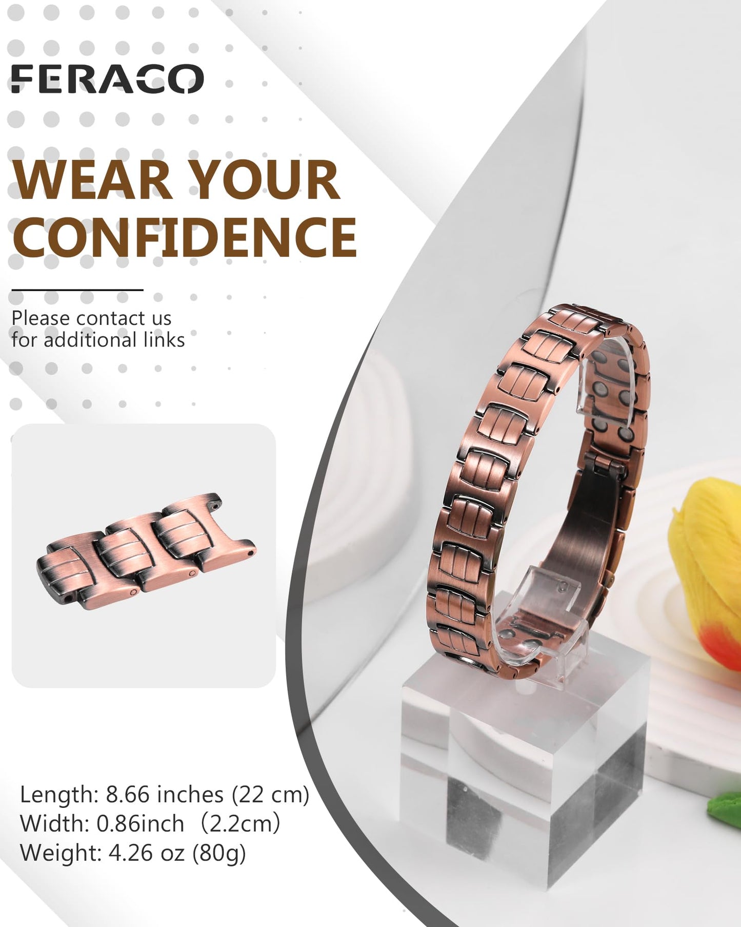 Feraco Copper Bracelet for Men,Magnetic Therapy Cooper Bracelets with 46 Magnets, Men's 99.99% Pure Copper