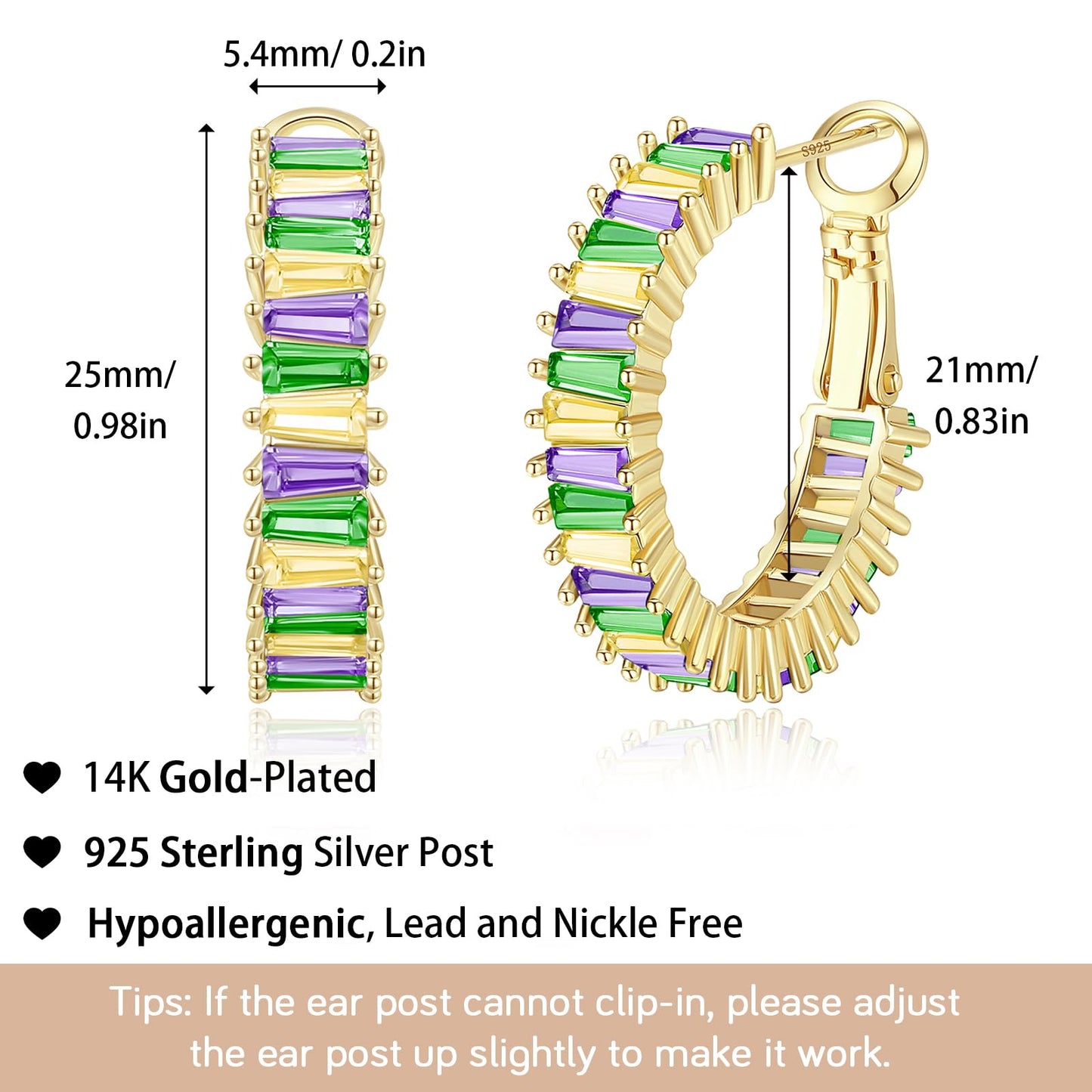GLOQUAT Mardi Gras Earrings for Women 14k Gold Plated Carnival Holiday Hoop Earrings Fashion Baguette Cubic Zirconia Round Circle Hoops Festive Party Jewelry Gifts Lightweight and Hypoallergenic 25mm
