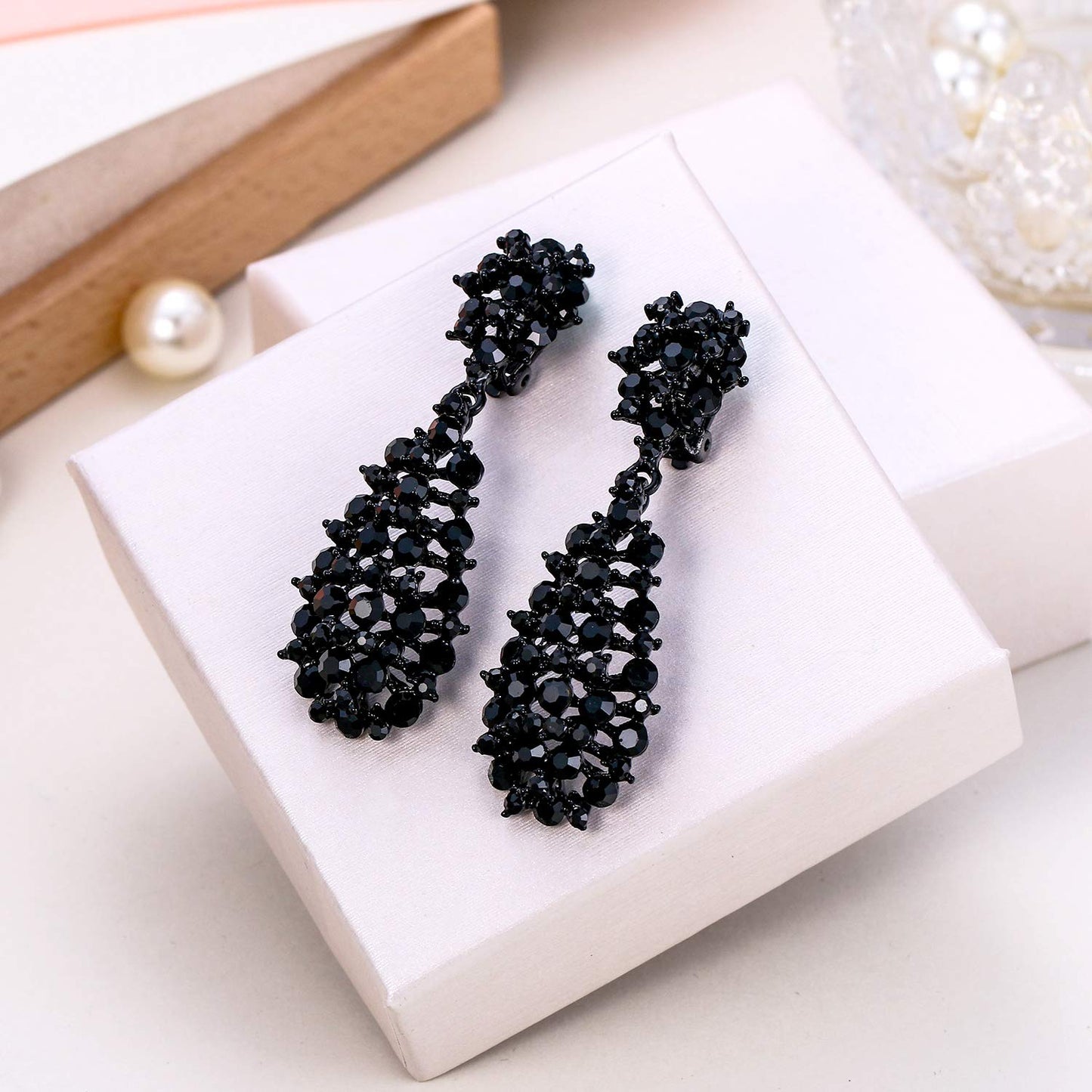EVER FAITH Women's Costume Jewelry Black Crystal Art Deco Hollow Waterdrop Dangle Clip-on Earrings Black-Tone