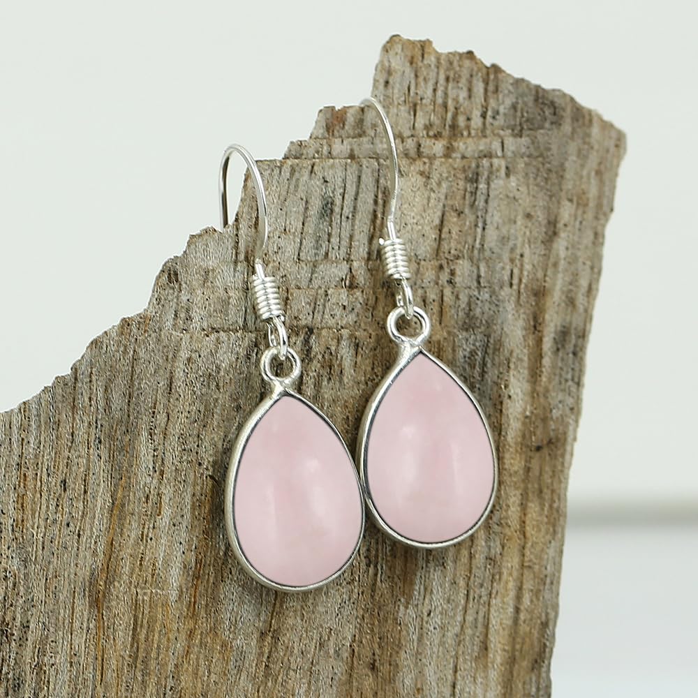 Natural Rose Quartz Sterling Silver Plated Dangle Earrings for Women - Pink Gemstone Teardrop Shape January Birthstone Handmade Drop Earrings Jewelry - Valentine's Day Gifts for Love