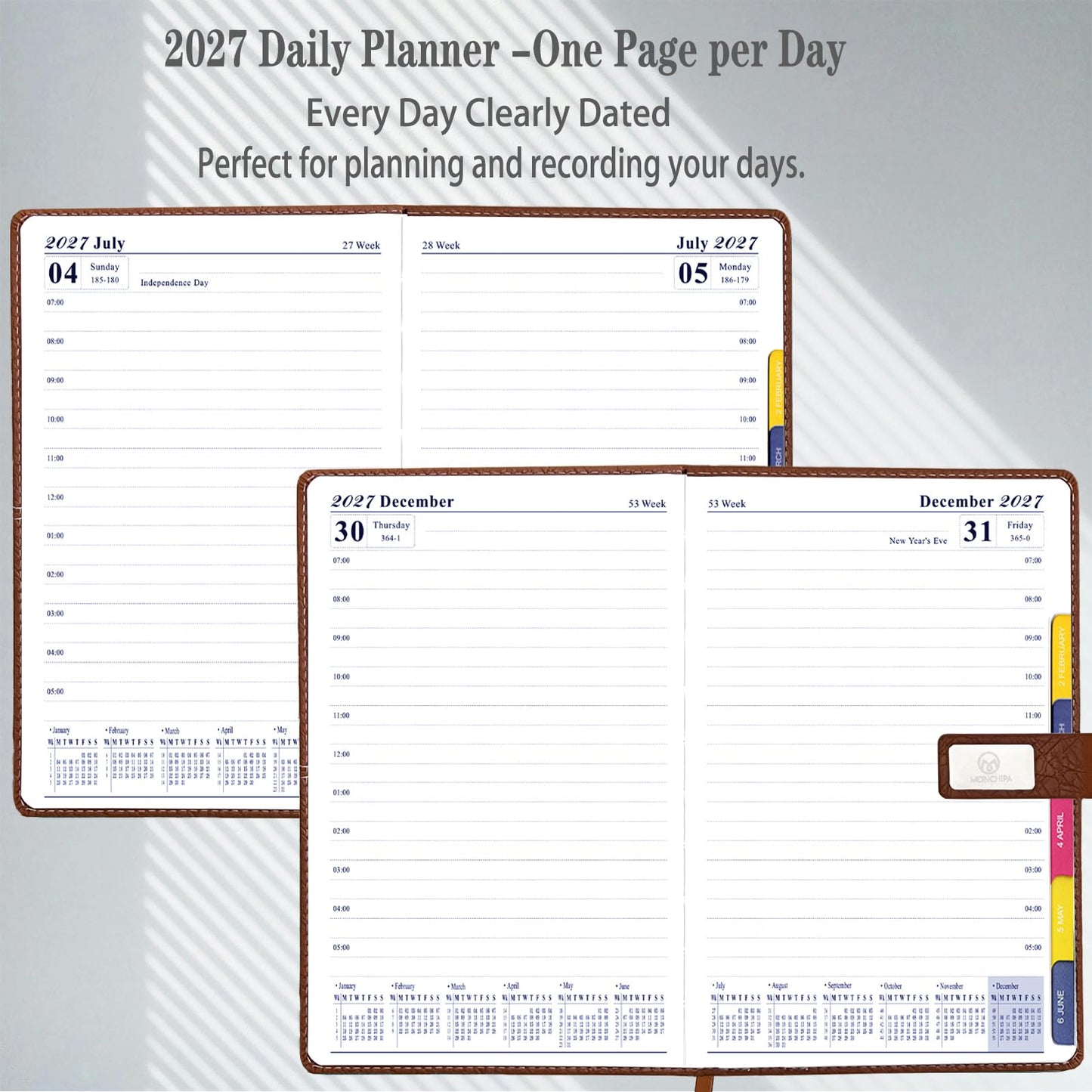 2027 Daily Planner - One Page per Day, 2027 Hourly Daily Calendar(Jan-Dec 2027), 5.7" x 8.26" Appointment Book, Leather Cover + Thick Paper (Black)