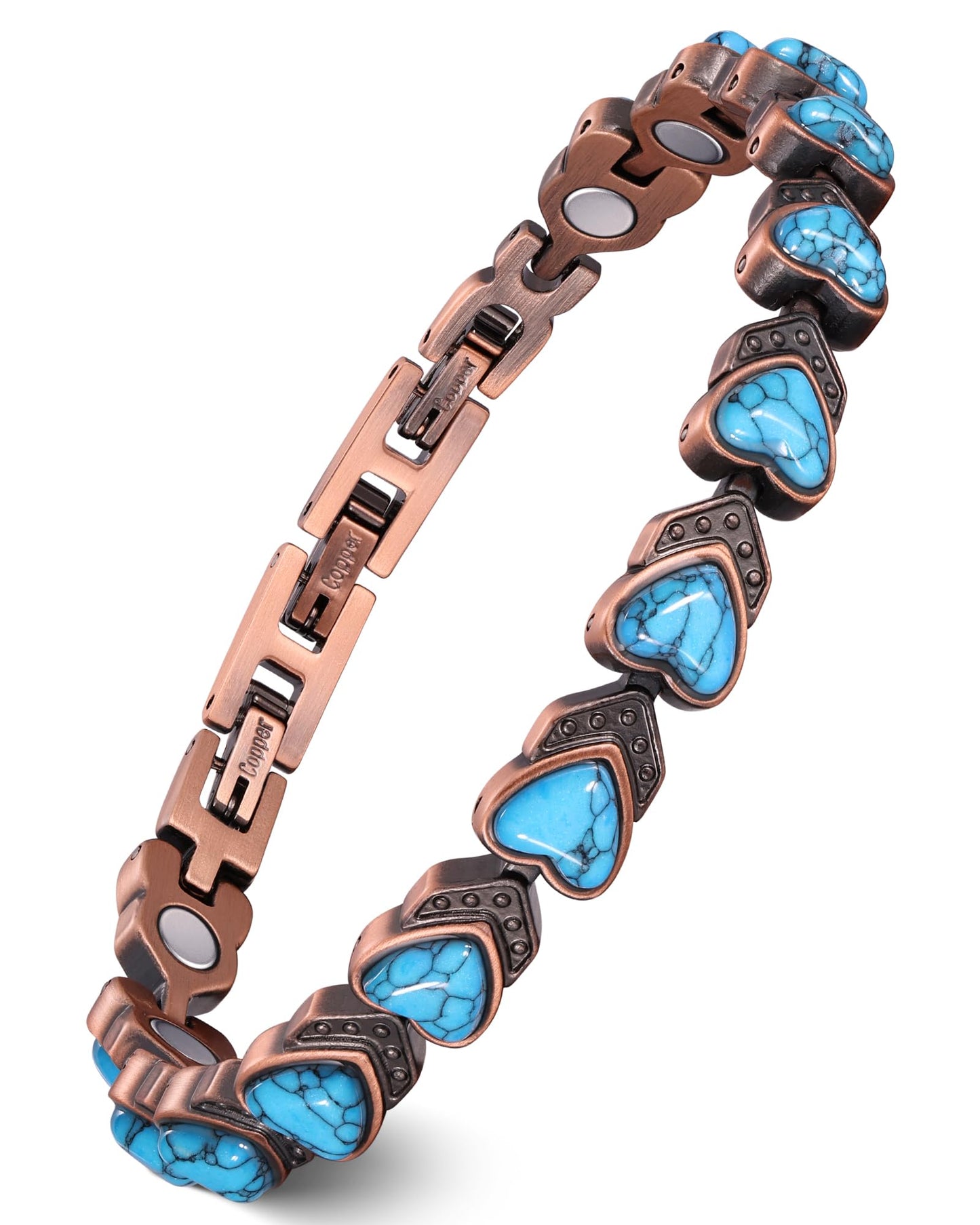 Feraco Pure Copper Bracelets for Women, Ultra Strength Magnetic Bracelet with 3800 Gauss Magnets & Natural Turquois, Adjustable Jewelry