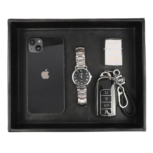 Leather Valet Organizer for Men – Black Catchall for Wallet, Keys, EDC, Jewelry, and Perfume – Nightstand, Dresser, and Bathroom Vanity Storage