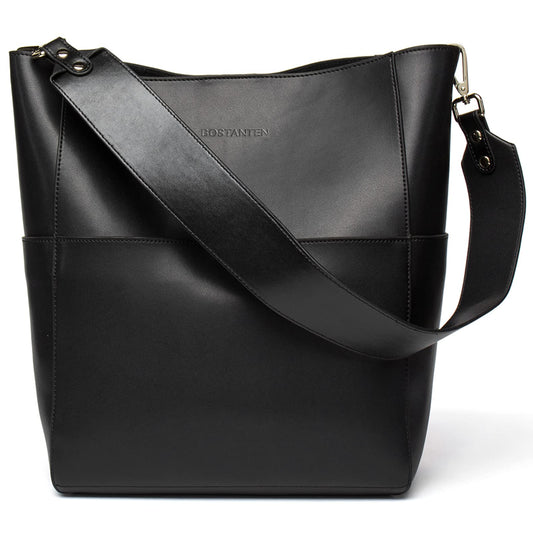 BOSTANTEN Women's Leather Designer Handbags Tote Purses Shoulder Bucket Bags with 2 Shoulder Strap, Black 9" L×5" W×12" H