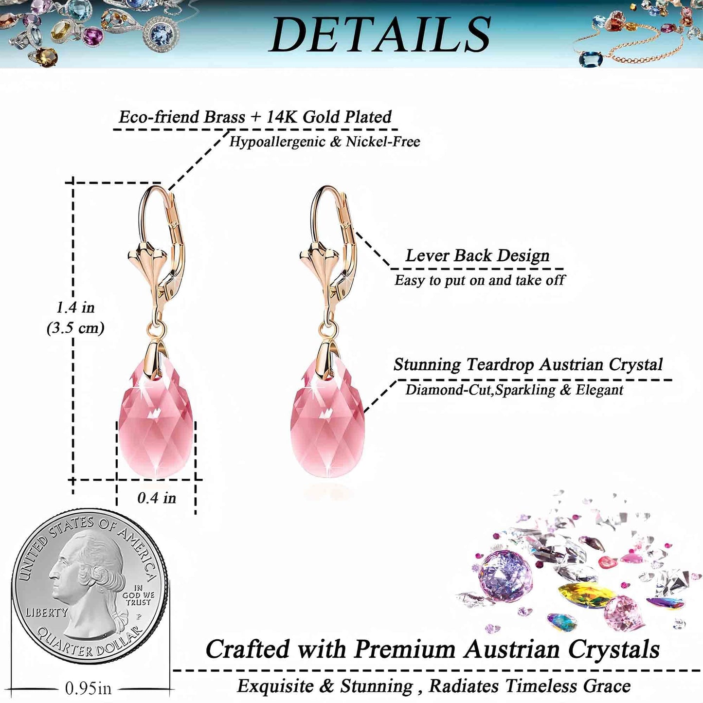 Austrian Crystal Teardrop Leverback Dangle Earrings for Women Fashion 14K Gold Plated Hypoallergenic Jewelry (Pink)