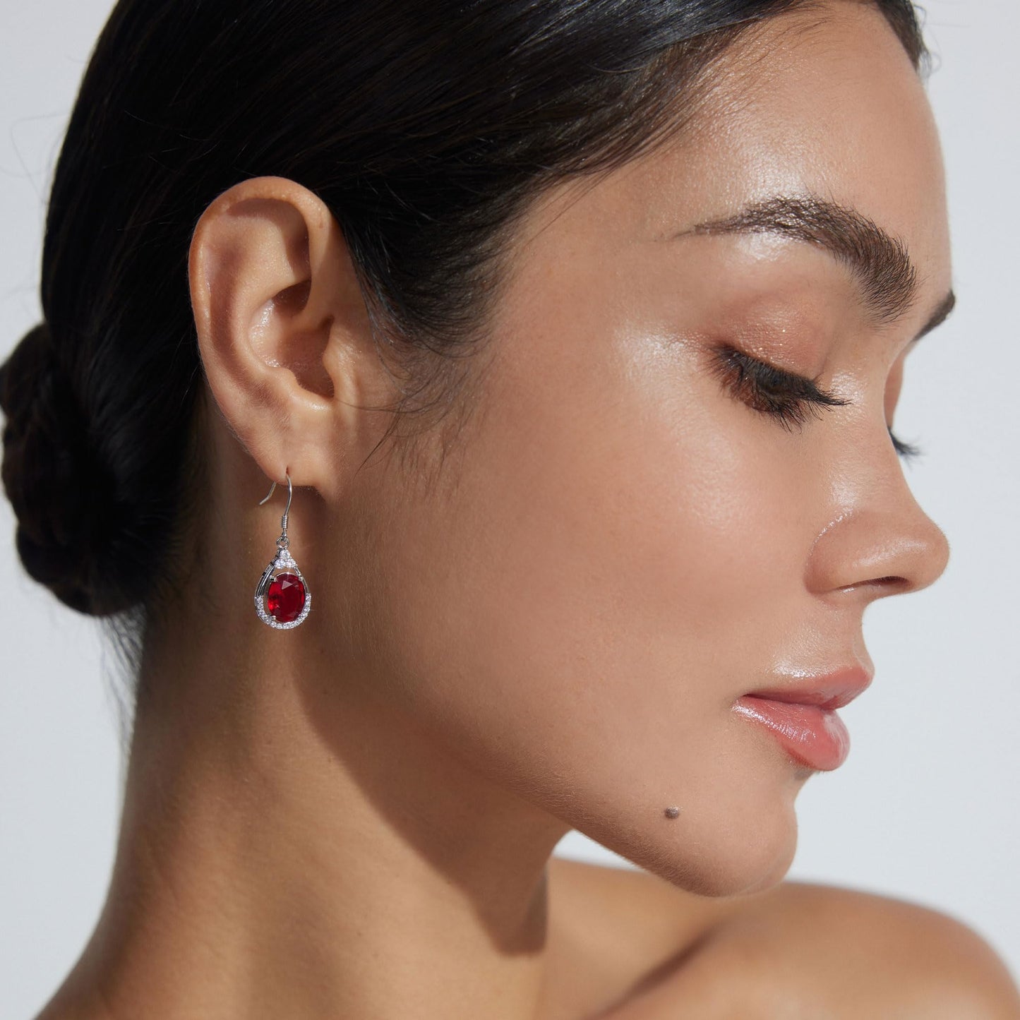 18K White Gold Plated Sterling Silver Oval Cut Cubic Zirconia Drop Dangle Earrings for Women Hypoallergenic Statement Earrings Gifts for Women Mom (Red)