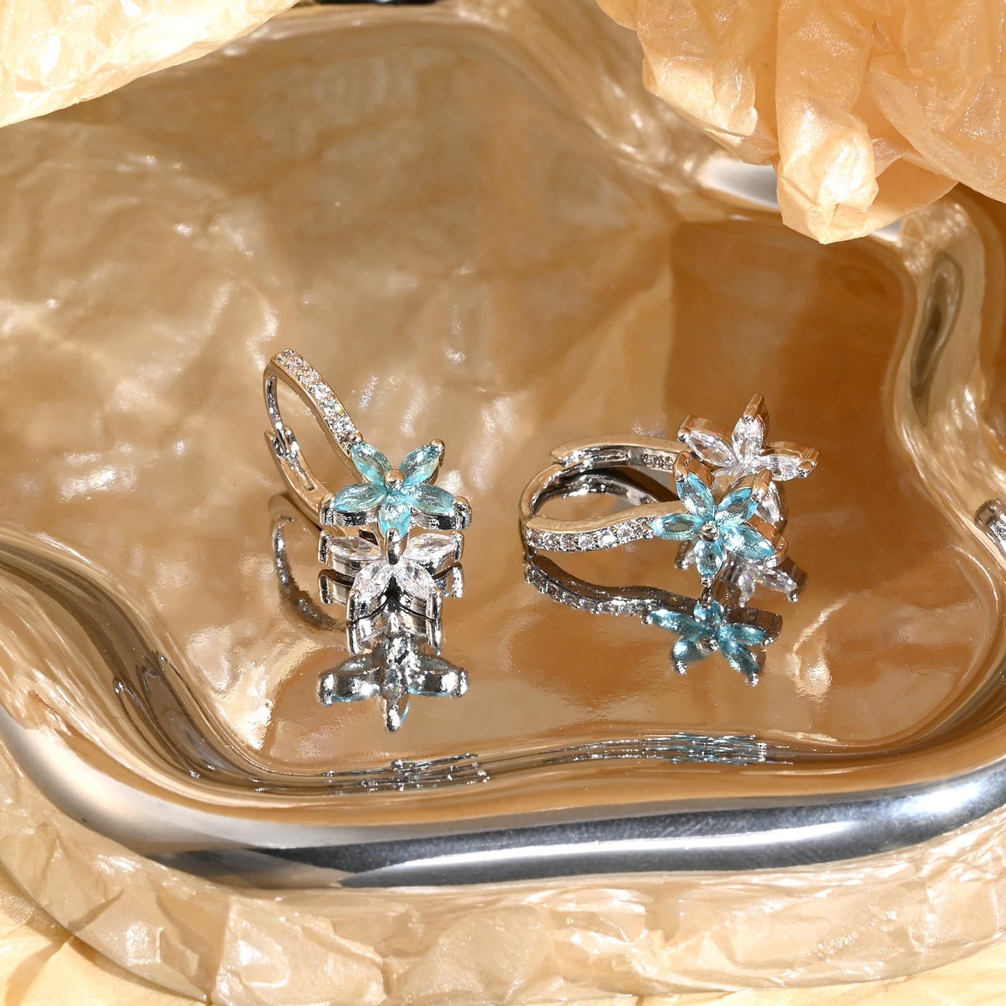 Watforsh 925 Sterling Silver Flower Earrings for Women Dangling Leverback Earrings with Aquamarine and White Crystal Double Floral