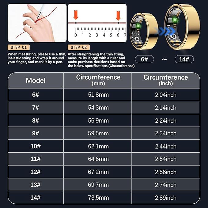 Smart Health Ring for Women Men, Fitness Tracker Ring with Heart Rate, Blood Oxygen, Sleep Tracker, Step Tracker, No Subscription Fee, IP68 Waterproof Smart Ring for iPhone & Android (Gold, 12#)