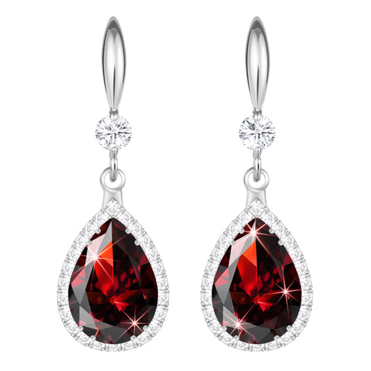 Linawe Silver Red Imitation Diamond Dangle Earrings for Women Trendy, Ruby Rhinestone Cubic Zirconia Crystal Teardrop Earrings, Wedding Bride Bridesmaids Birthstone Jewelry