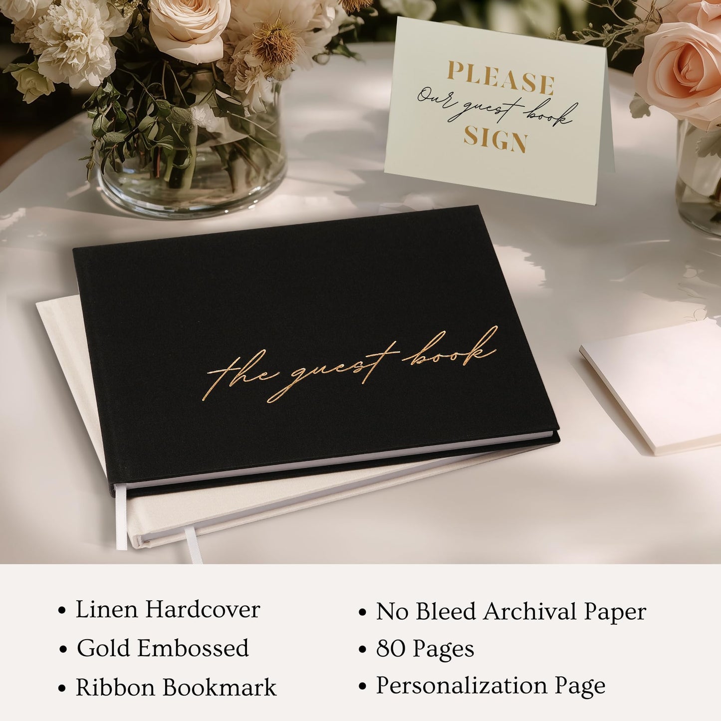 Paperell Wedding Guest Book – Guest Book for Wedding Reception with Linen Hardcover & Gold Foil Embossing – Unlined, No-Bleed Pages – Perfect Keepsake for Sign-Ins & Polaroids - Black