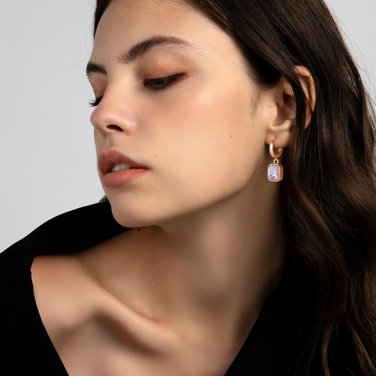 Birthstone Crystal Dangle Drop Earrings, 18K Gold Plated Huggie Hoop Hypoallergenic Earring Jewelry Gifts for Women (Purple)