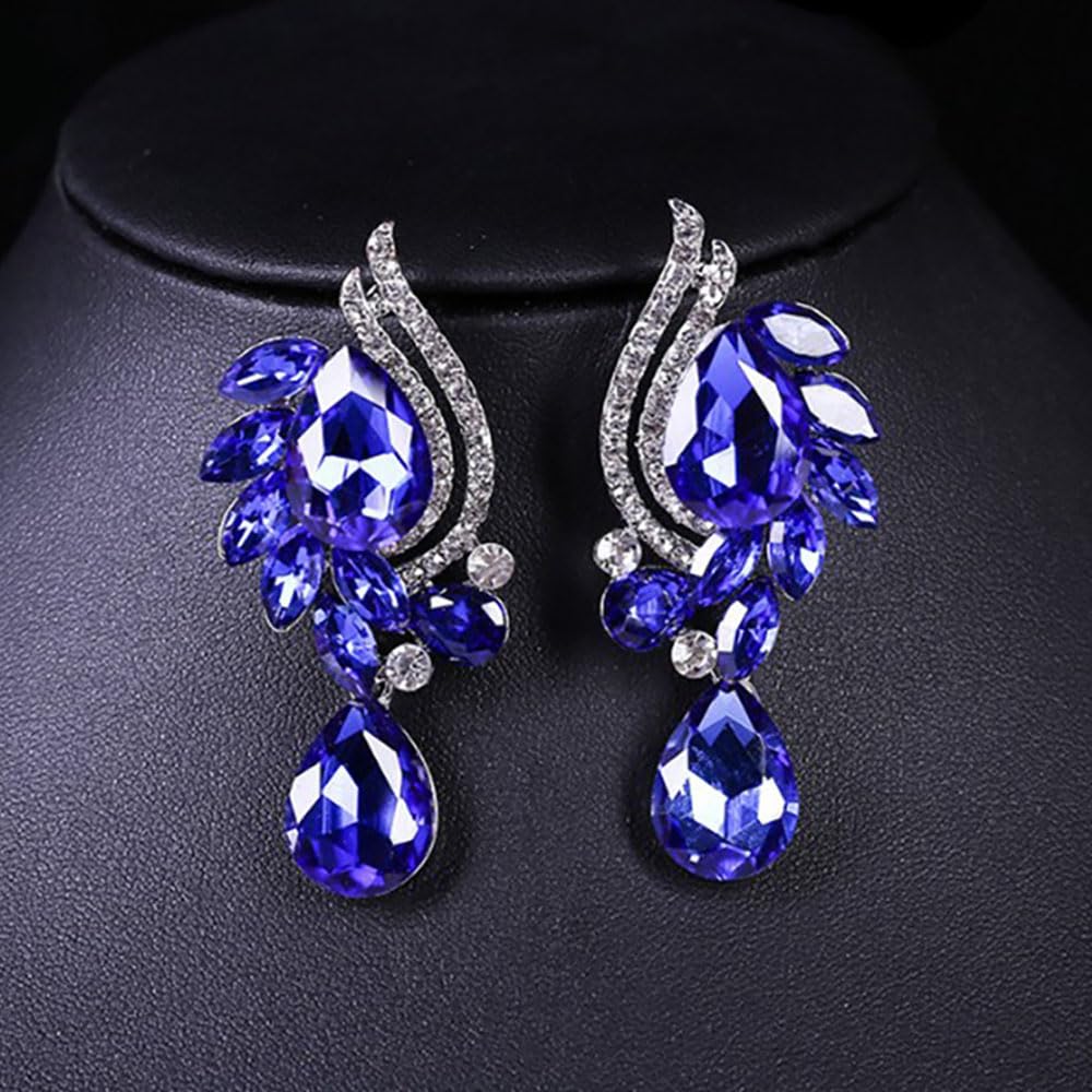 Qlavoca Elegant Crystal Jewelry Set for Women Teardrop Rhinestone Necklace and Dangle Earrings Set for Bridal Evening Prom Jewelry (Royal Blue)