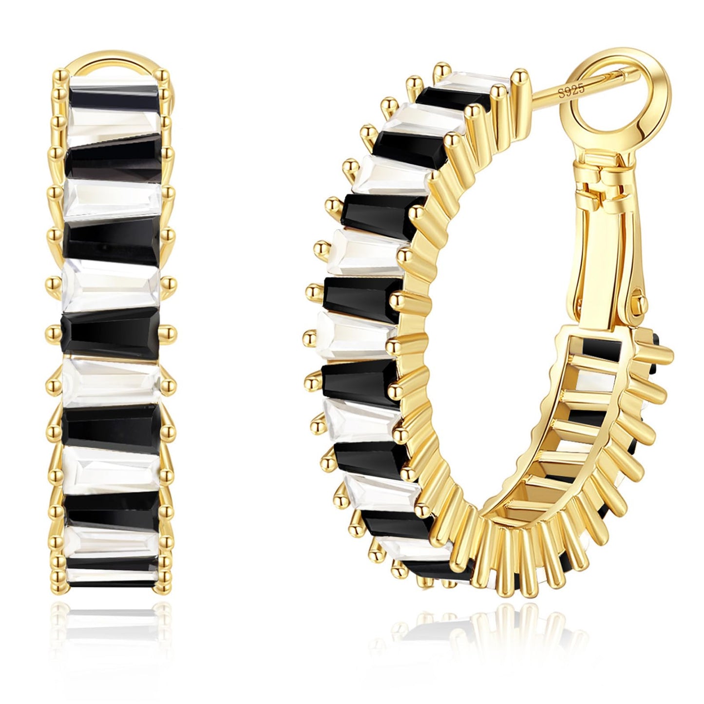 GLOQUAT Crystal White and Black Hoop Earrings 14K Gold Plated Hoops for Women 925 Sterling Silver Post Vintage Gold Round Circle Rhinestone Hoops for Women Trendy Winter Jewelry 25mm