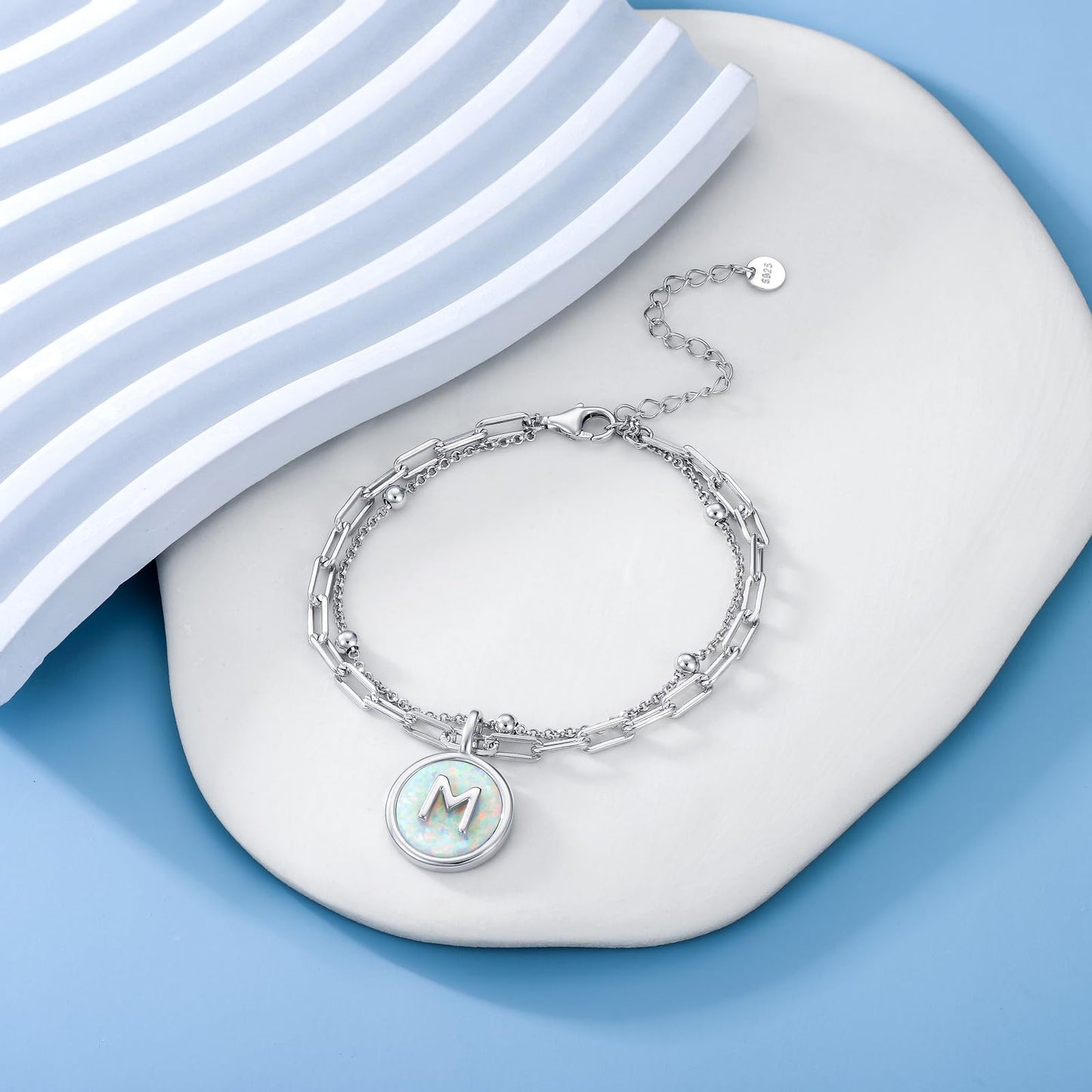 LWQQWL Initial M Bracelet for Women 925 Sterling Silver Layered Initial Bracelet Opal Letter 26 Alphabet Jewelry Christmas Gifts